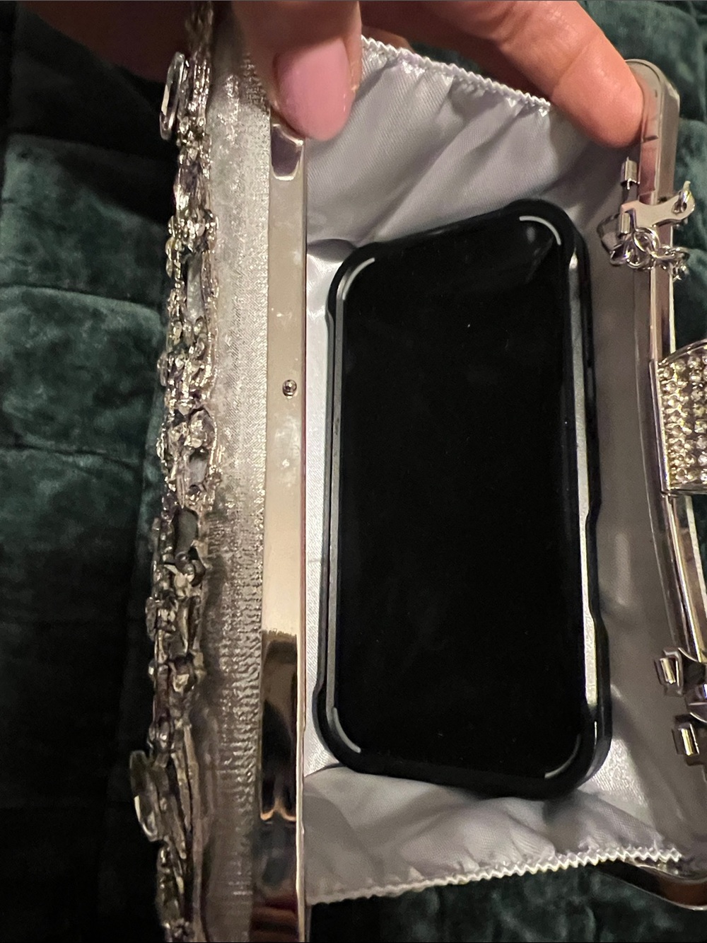 Silver Jeweled Evening Clutch with Chain Strap - Picture 4 of 4